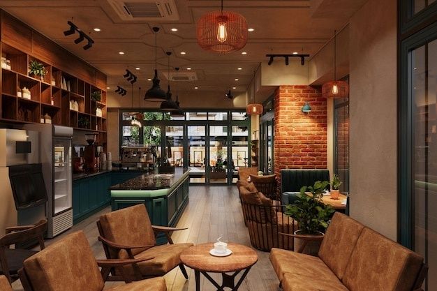 Warmly lit café interior with seating, shelving, and pendant lights